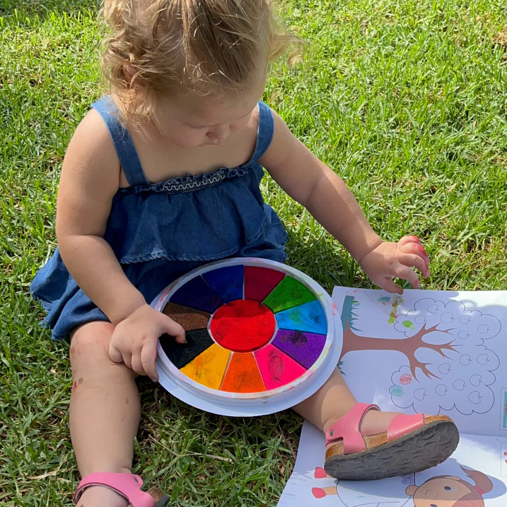 Tavolozza con 12 colori vivaci per dipingere con le dita (da 1 anno in su)