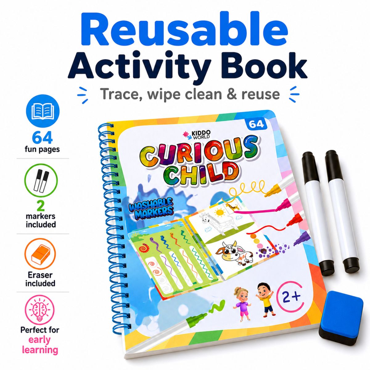 Curious Child Colors | Quaderno scrivi-e-cancella per imparare a scrivere (64 pagine, 2+ anni)