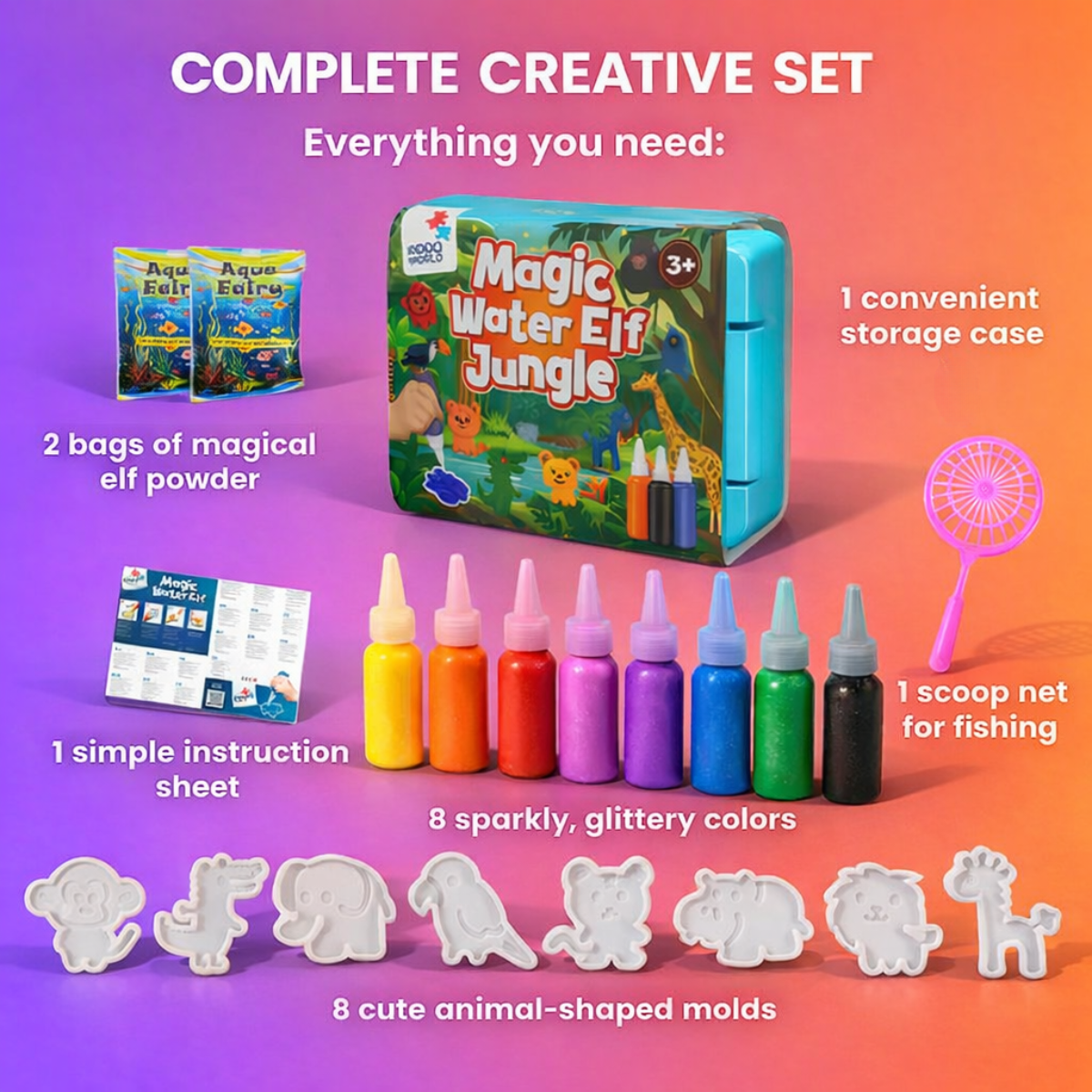 Folletti d'Acqua Magici, Animali della Giungla, 8 colori + 8 formine