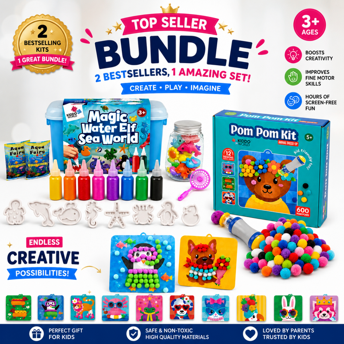 PACCHETTO TOPSELLER: Magic Water Squishies & Pom Pom Kit