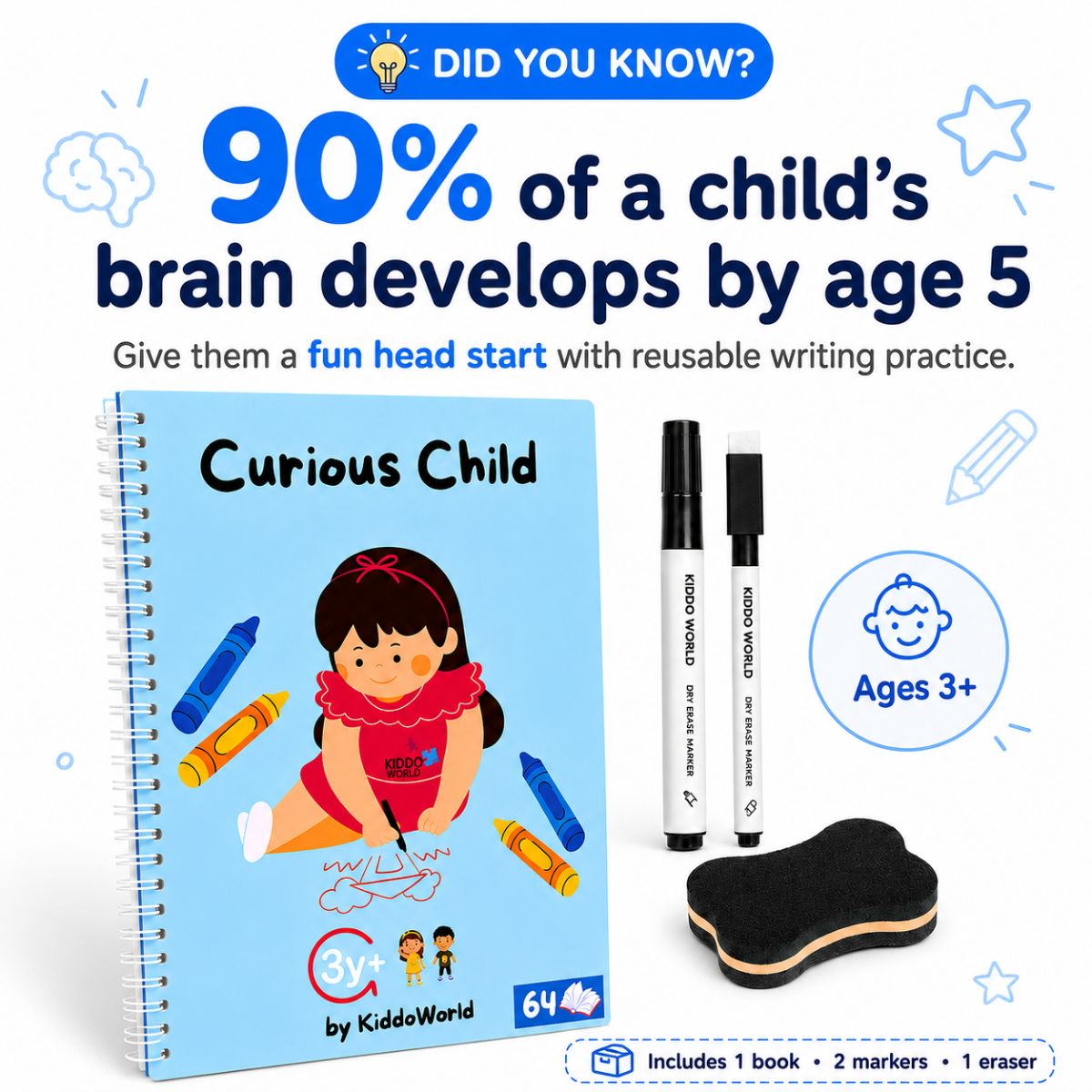 Curious Child | Zmazateľný zošit na nácvik písania a logiky (64 strán, 3+ rokov)