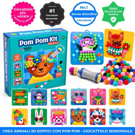 Kit Pom-Pom + Strumento Facile da Usare | 12 Carte a Tema Animale + 600 Pom-Pom