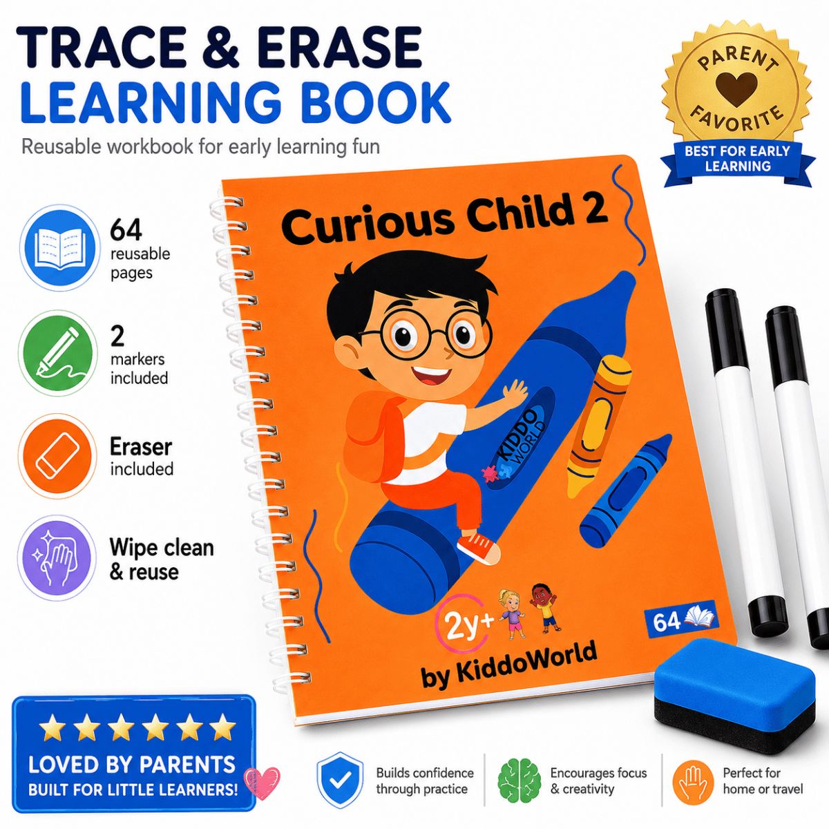Curious Child 2 | Quaderno cancellabile per imparare a scrivere (64 pagine, 2+ anni)