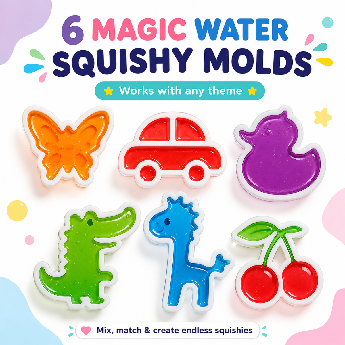 Magic Water Squishy Expansion Pack – 6 stampi aggiuntivi (Nuovi animaletti e forme, 3+ anni)