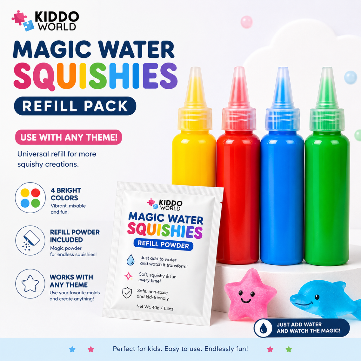 Magic Water Squishy Refill Pack – Ricarica 4 colori + 1 polvere magica (Compatibile con tutti i set, 3+ anni)