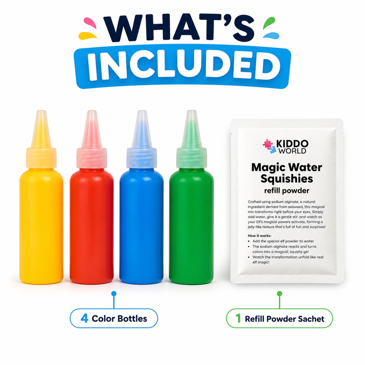 Magic Water Squishy Refill Pack – Ricarica 4 colori + 1 polvere magica (Compatibile con tutti i set, 3+ anni)