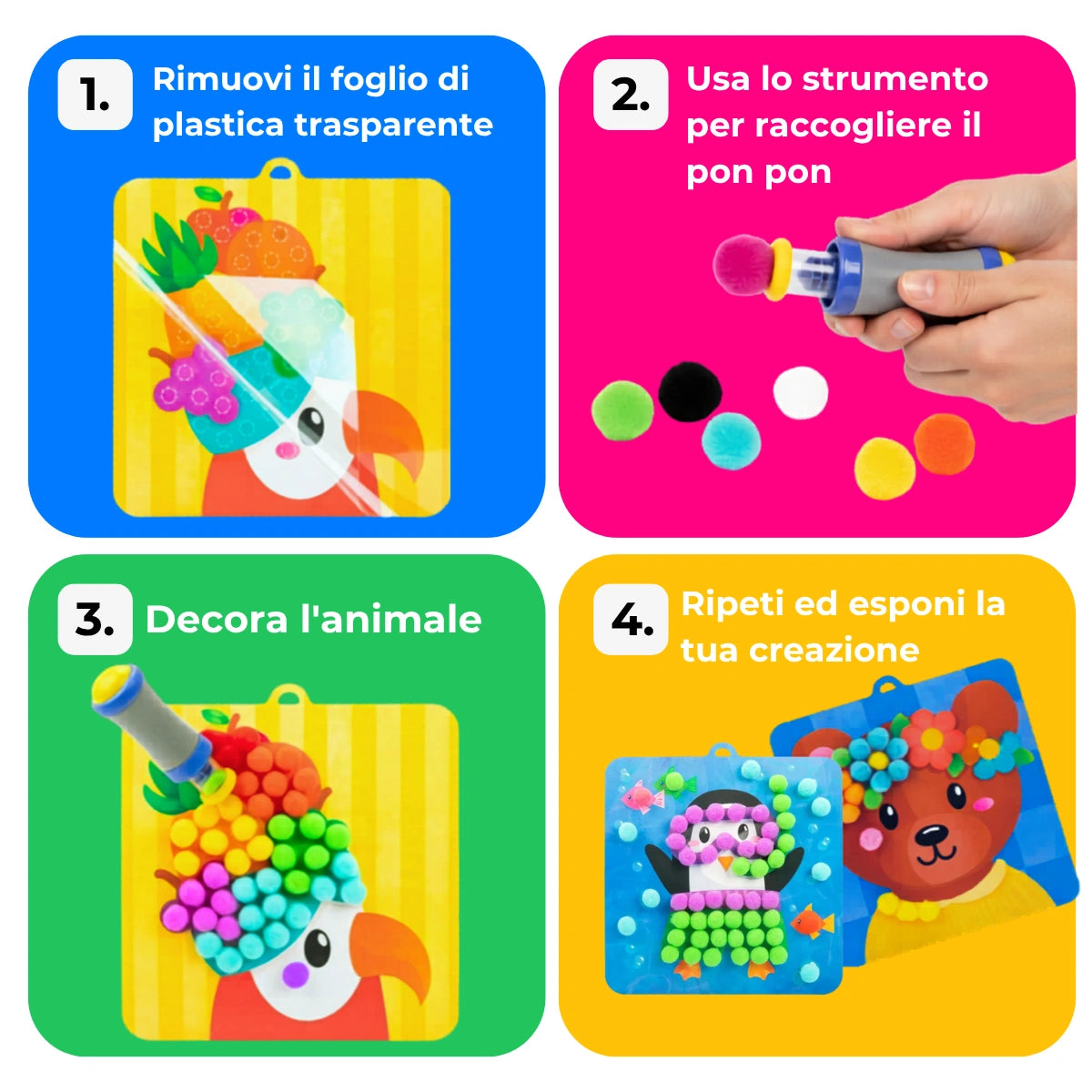 Pom Pom Kit – Crea soffici animali 3D senza colla e senza disordine! (5+ anni)