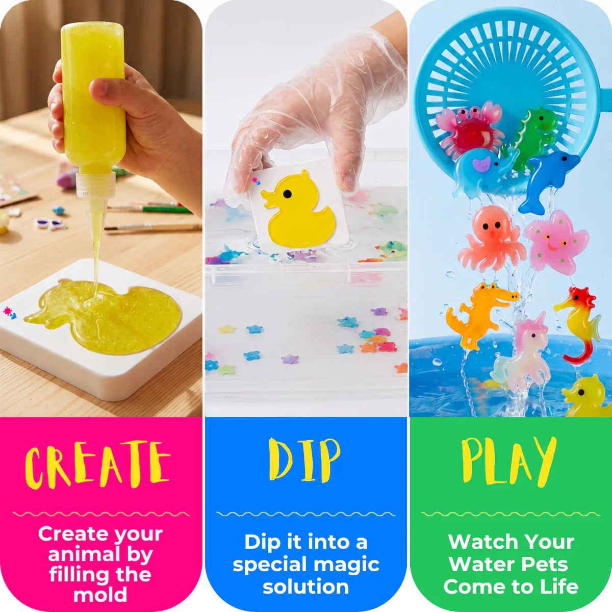 Magic Water Squishy Refill Pack – Ricarica 4 colori + 1 polvere magica (Compatibile con tutti i set, 3+ anni)