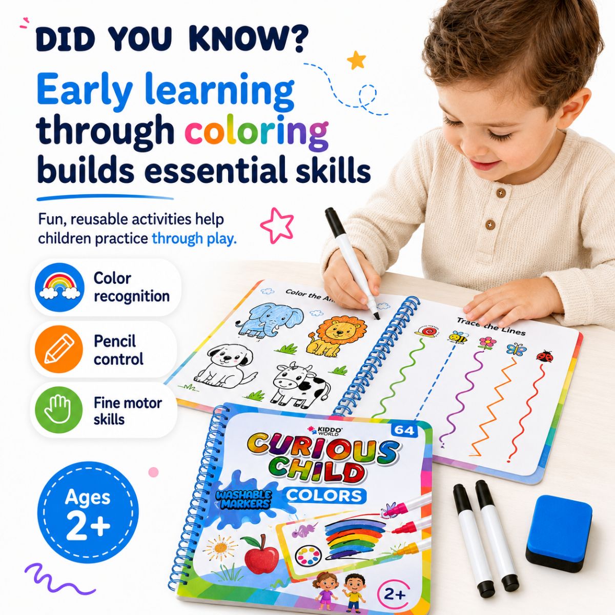 Curious Child Colors | Quaderno scrivi-e-cancella per imparare a scrivere (64 pagine, 2+ anni)