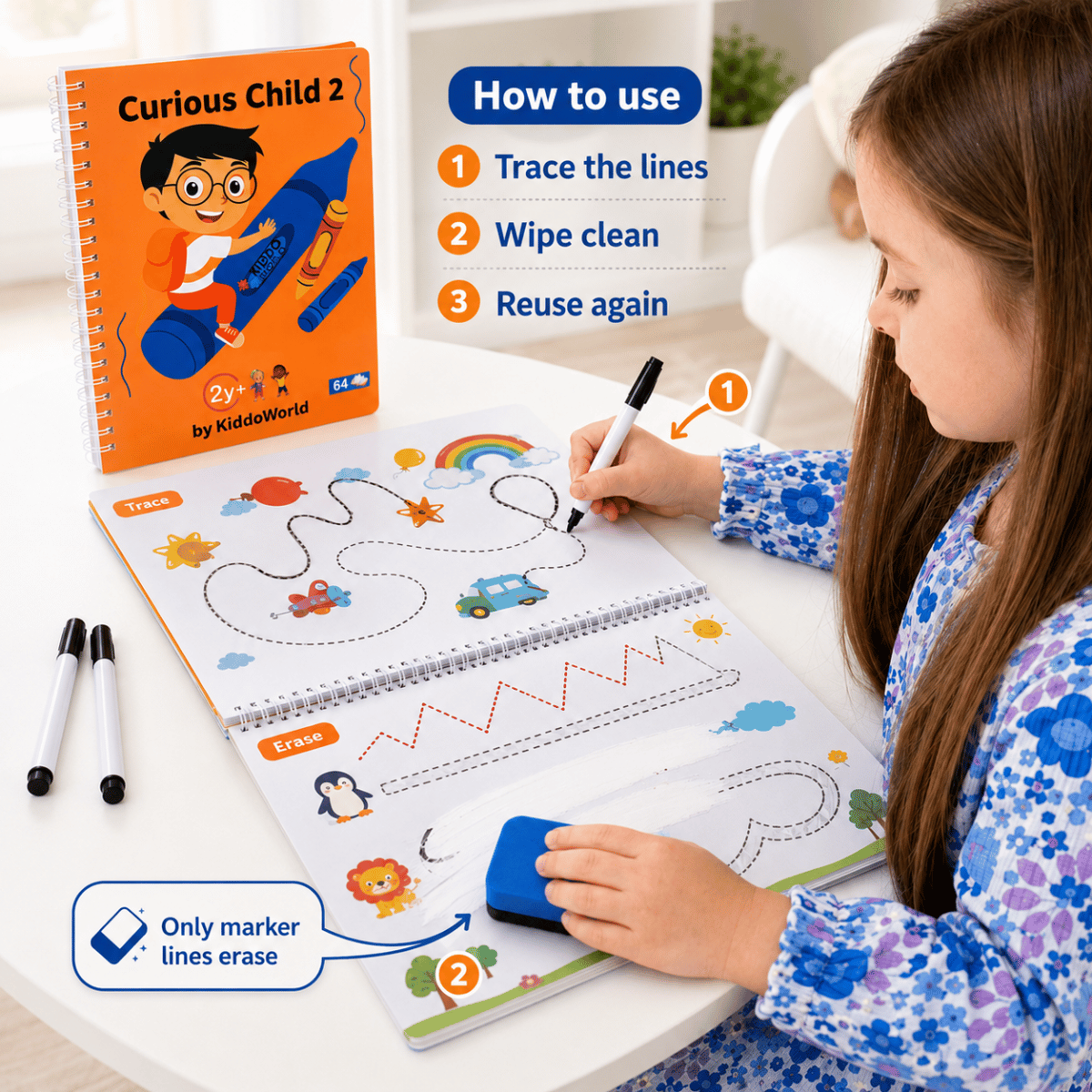 Curious Child 2 | Quaderno cancellabile per imparare a scrivere (64 pagine, 2+ anni)