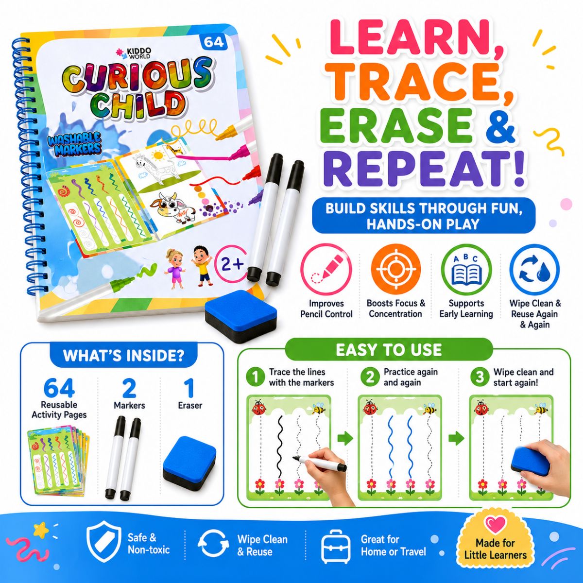 Curious Child Colors | Quaderno scrivi-e-cancella per imparare a scrivere (64 pagine, 2+ anni)