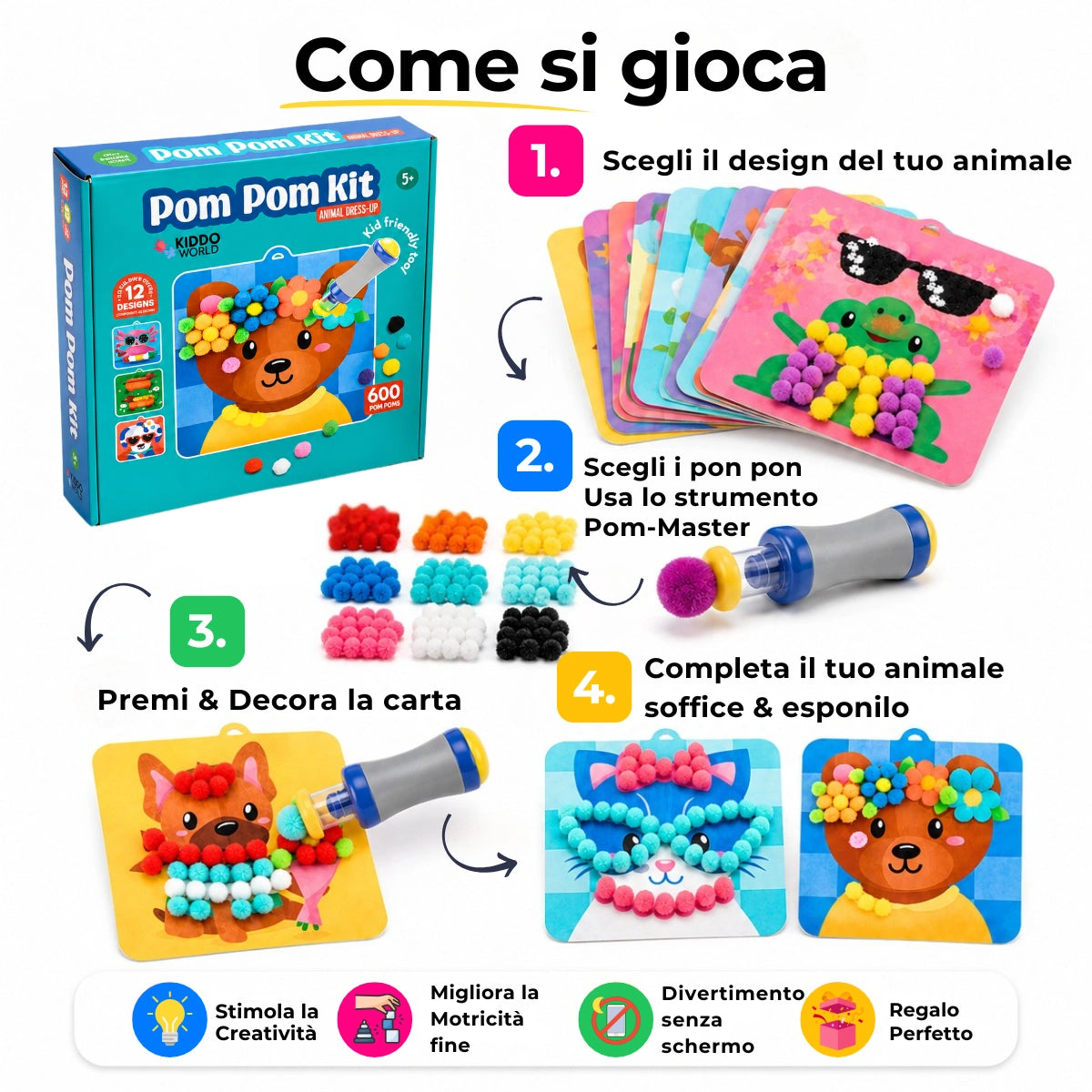 Pom Pom Kit – Crea soffici animali 3D senza colla e senza disordine! (5+ anni)
