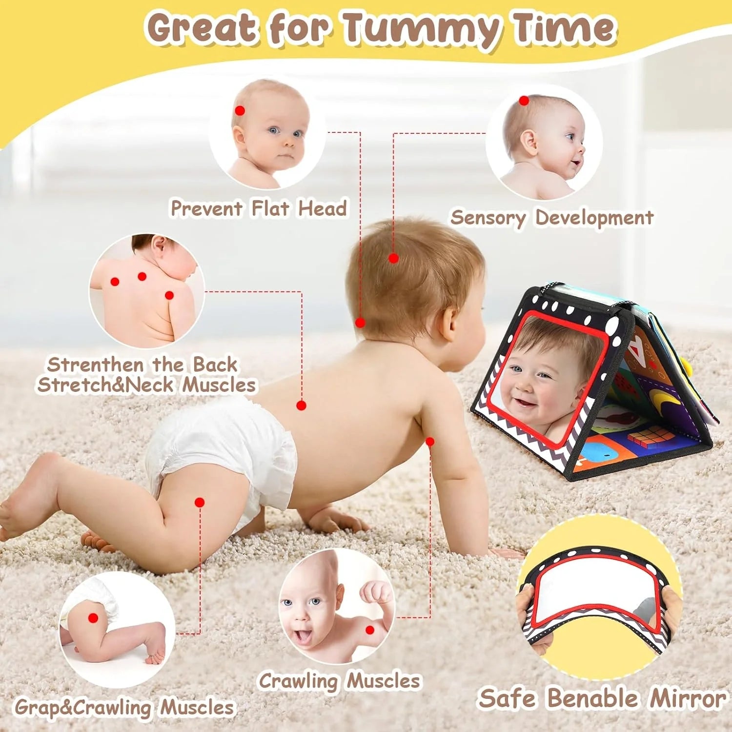 Tappetino sensoriale con specchio per tummy time – Stimola lo sviluppo del tuo bambino fin dai primi mesi (0+ mesi)