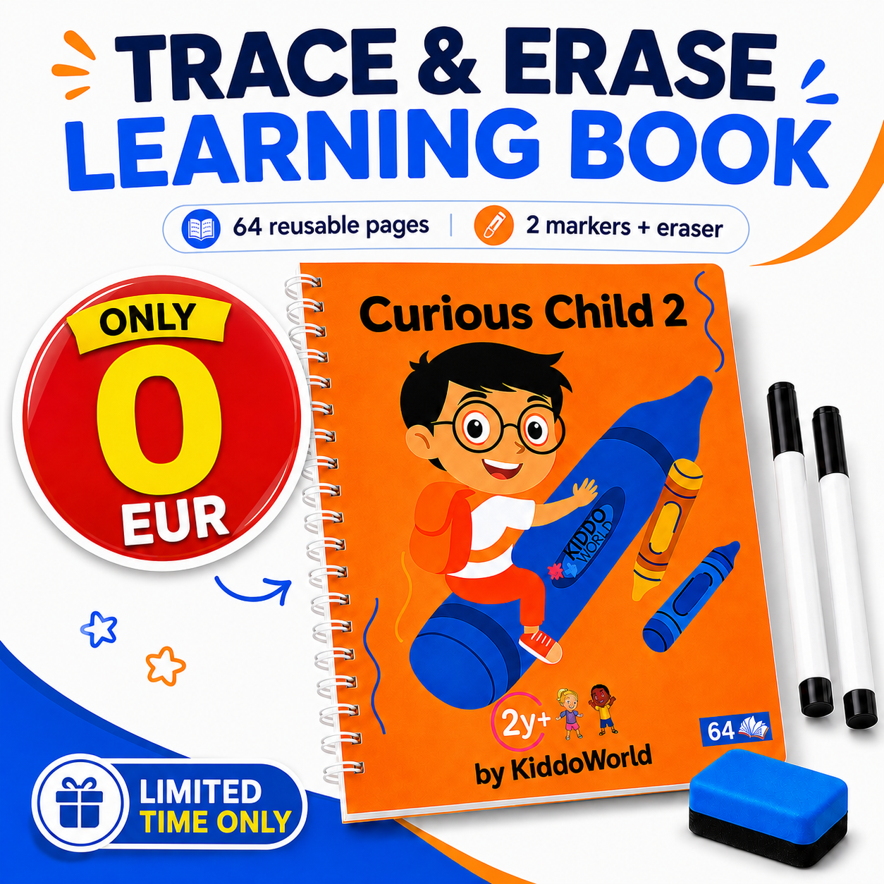 Curious Child 2 | Quaderno cancellabile per imparare a scrivere (64 pagine, 2+ anni)