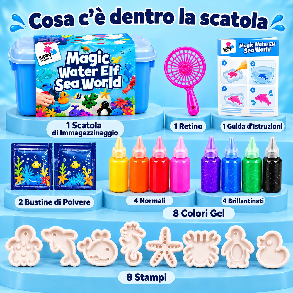 Contenuto di Magic Water Squishies: scatola portaoggetti, retino, istruzioni, 2 bustine di polvere, 8 gel colorati e 8 formine