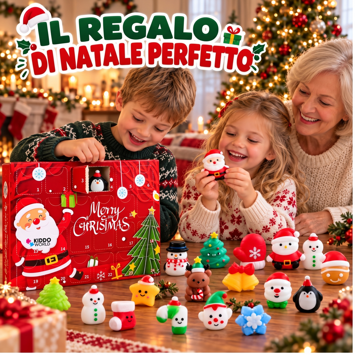 Fratellini con la nonna accanto all'albero di Natale aprono il Calendario dell'Avvento Squishy